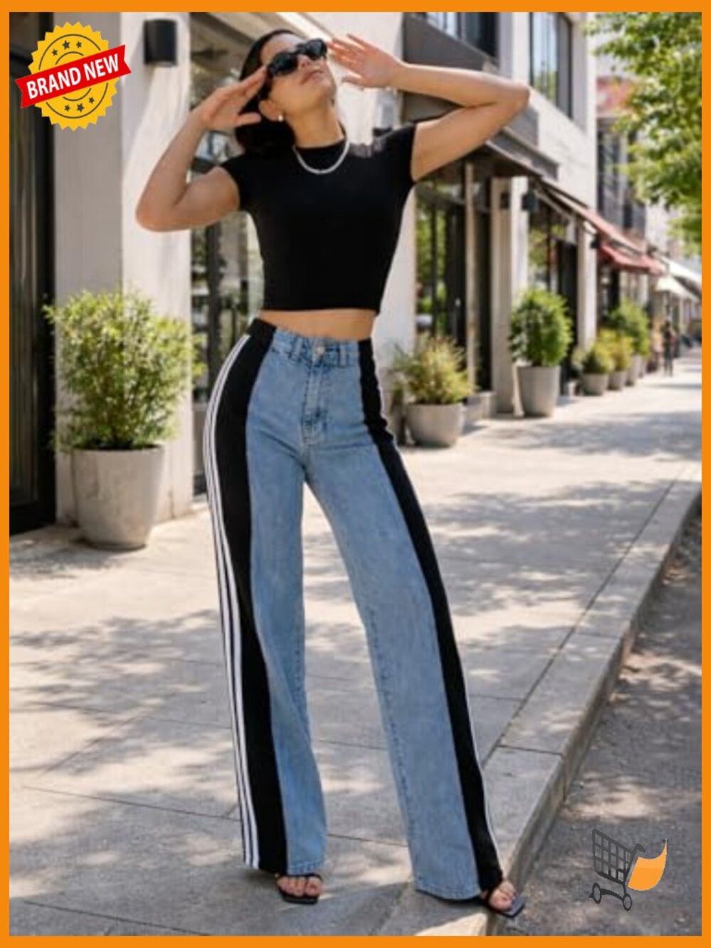 High Waisted Stretchy Wide Leg Jeans with Patchwork Stripes - Picture 6 of 7